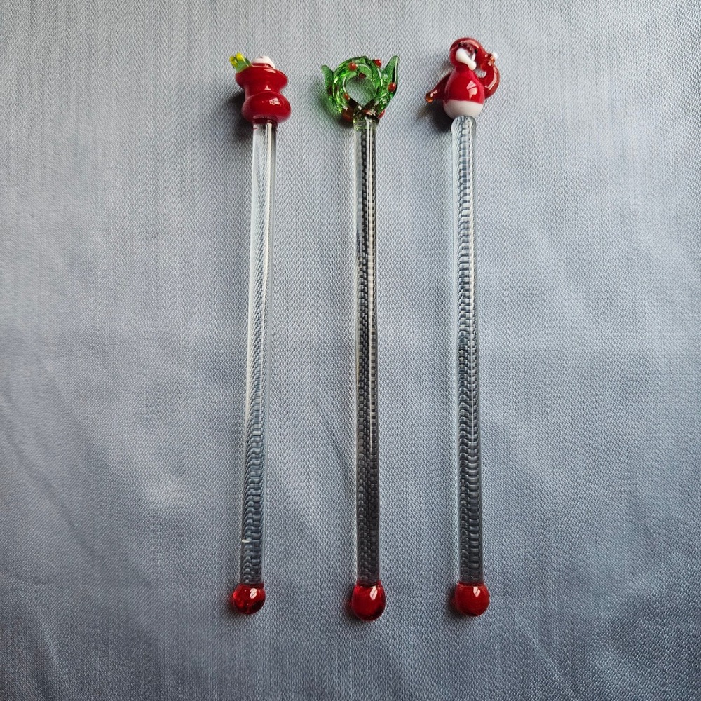 Glass Christmas Drink Stirrers Swizzle Sticks Holiday Decor Barware Set